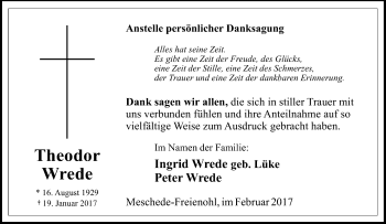 Traueranzeige von Theodor Wrede von Tageszeitung