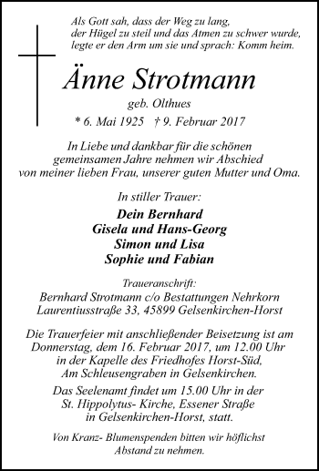 Traueranzeige von Änne Strotmann von Tageszeitung