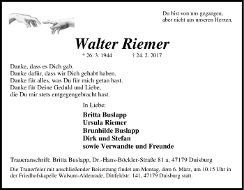 Traueranzeige von Walter Riemer von Tageszeitung
