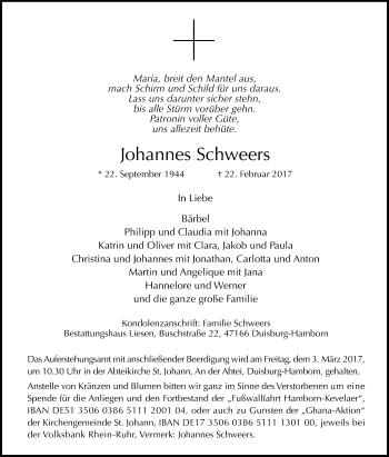 Traueranzeige von Johannes Schweers von Tageszeitung