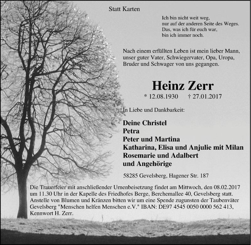  Traueranzeige für Heinz Zerr vom 04.02.2017 aus Tageszeitung