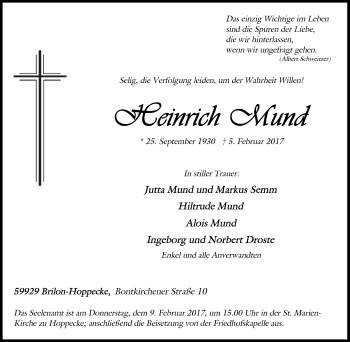 Traueranzeige von Heinrich Mund von Tageszeitung