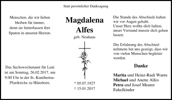 Traueranzeige von Magdalena Alfes von Tageszeitung