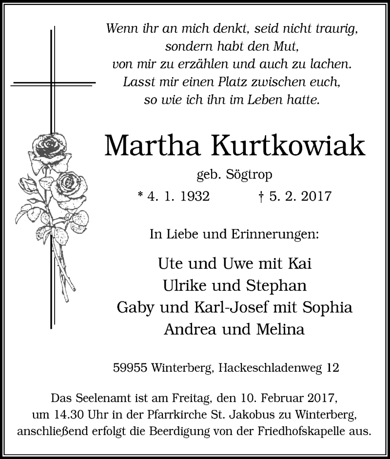  Traueranzeige für Martha Kurtkowiak vom 08.02.2017 aus Tageszeitung