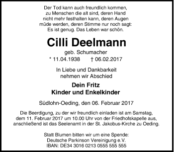 Traueranzeige von Cilli Deelmann von Tageszeitung