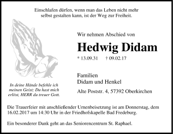 Traueranzeige von Hedwig Didam von Tageszeitung