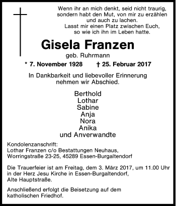 Traueranzeige von Gisela Franzen von Tageszeitung