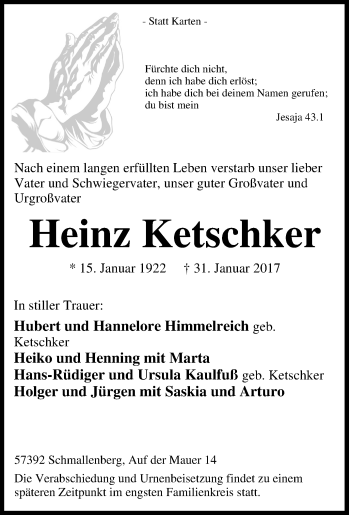 Traueranzeige von Heinz Ketschker von Tageszeitung
