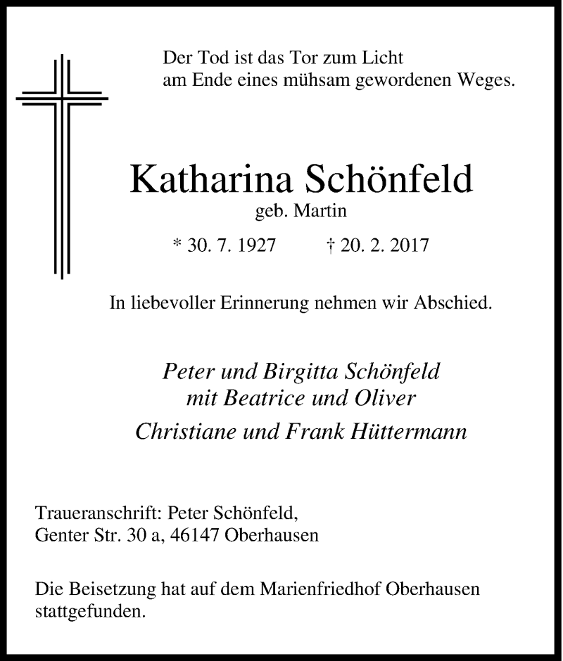 Traueranzeige für Katharina Schönfeld vom 25.02.2017 aus Tageszeitung