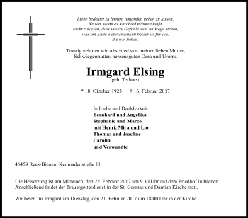 Traueranzeige von Irmgard Elsing von Tageszeitung