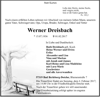 Traueranzeige von Werner Dreisbach von Tageszeitung