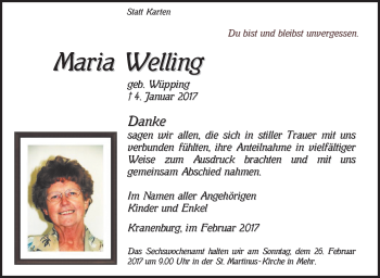 Traueranzeige von Maria Welling von Tageszeitung