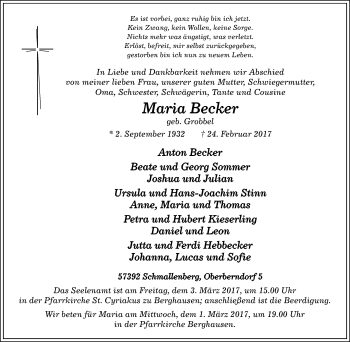 Traueranzeige von Maria Becker von Tageszeitung