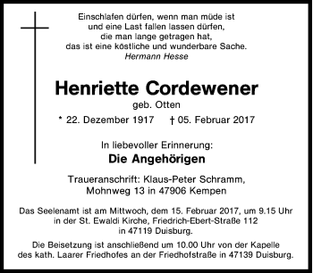 Traueranzeige von Henriette  Cordewener von Tageszeitung