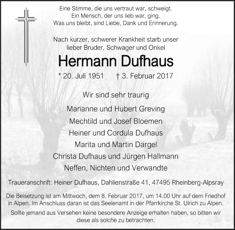  Traueranzeige für Hermann Dufhaus vom 06.02.2017 aus Tageszeitung