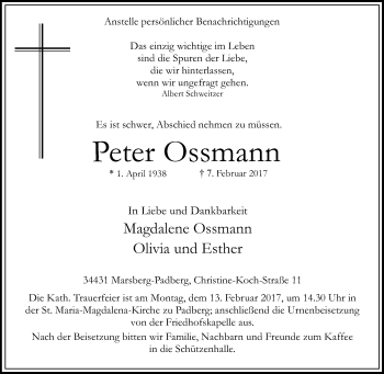 Traueranzeige von Peter Ossmann von Tageszeitung