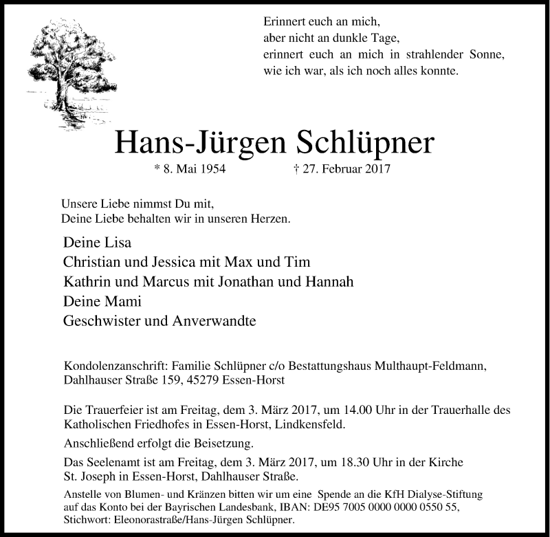  Traueranzeige für Hans-Jürgen Schlüpner vom 01.03.2017 aus Tageszeitung
