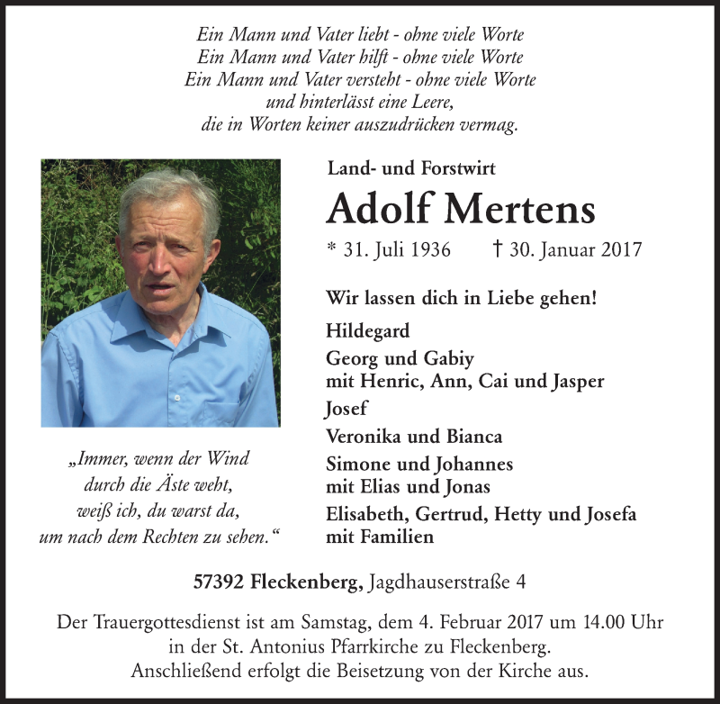  Traueranzeige für Adolf Mertens vom 01.02.2017 aus Tageszeitung