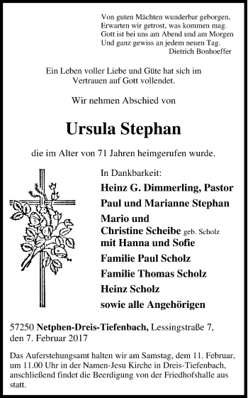 Traueranzeige von Ursula Stephan von Tageszeitung