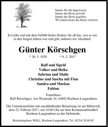 Traueranzeige von Günter Körschgen von Tageszeitung