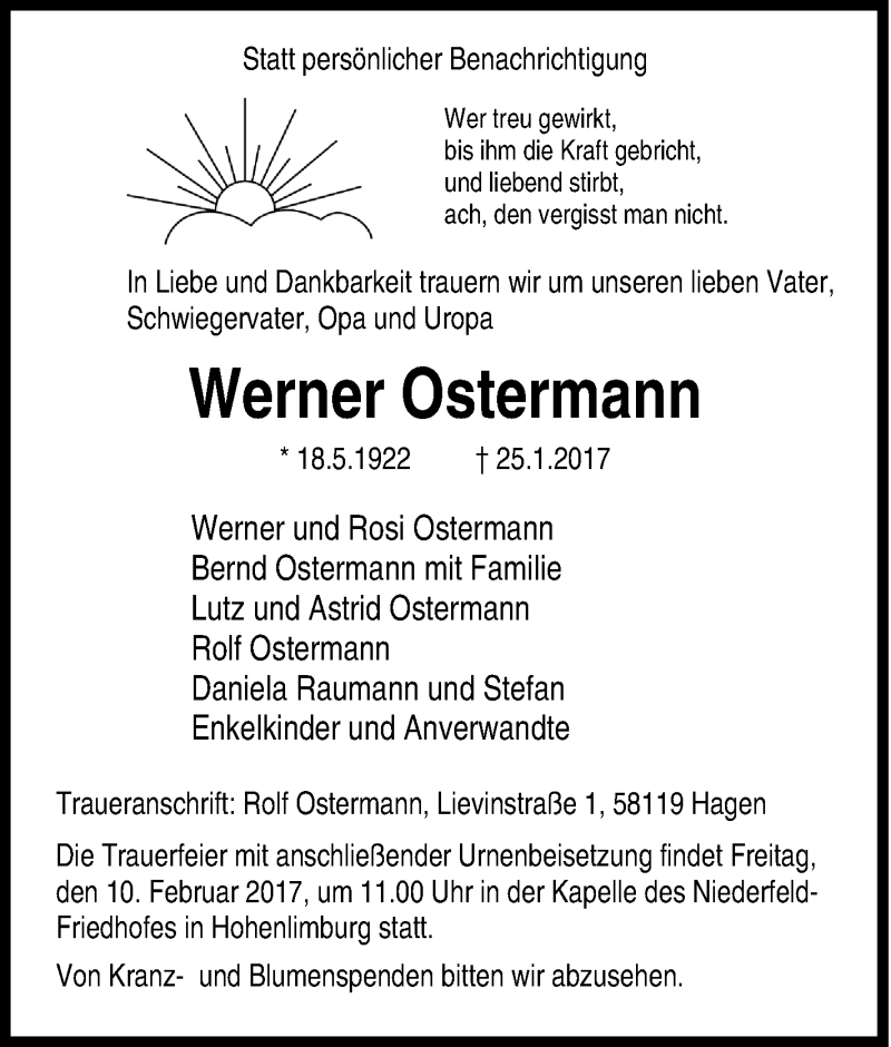 Traueranzeigen Von Werner Ostermann Trauer In Nrwde 2228
