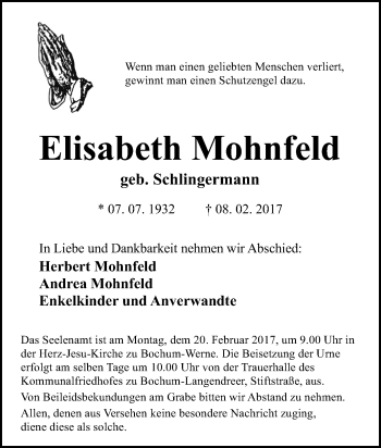 Traueranzeige von Elisabeth Mohnfeld von Tageszeitung