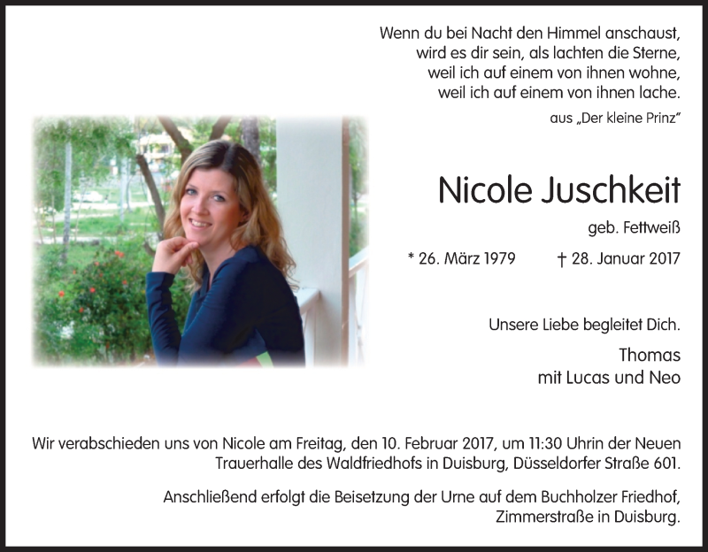  Traueranzeige für Nicole Juschkeit vom 04.02.2017 aus Tageszeitung