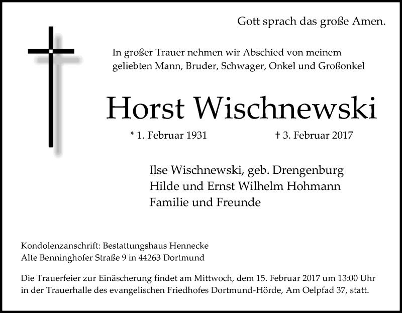  Traueranzeige für Horst Wischnewski vom 11.02.2017 aus Tageszeitung
