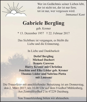 Traueranzeige von Gabriele Bergling von Tageszeitung