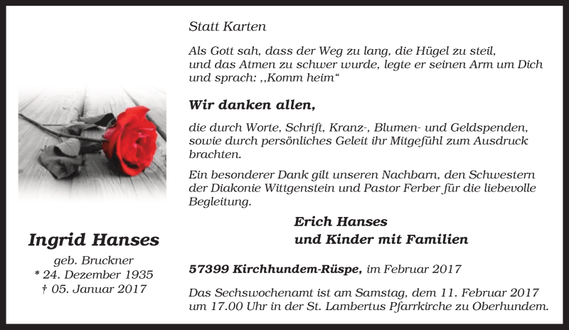  Traueranzeige für Ingrid Hanses vom 08.02.2017 aus Tageszeitung