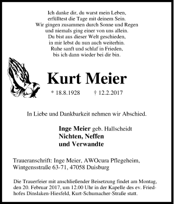 Traueranzeige von Kurt Meier von Tageszeitung