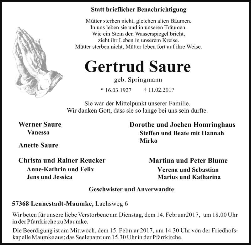  Traueranzeige für Gertrud Saure vom 13.02.2017 aus Tageszeitung