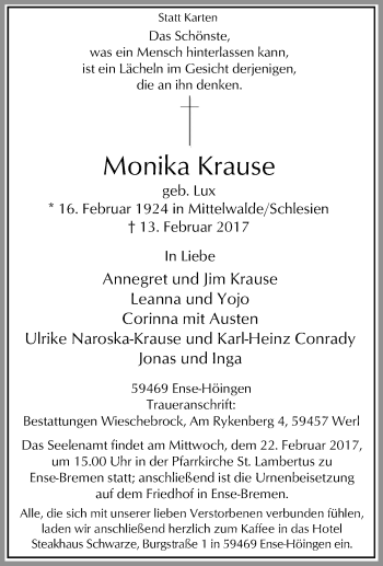 Traueranzeige von Monika Krause von Tageszeitung