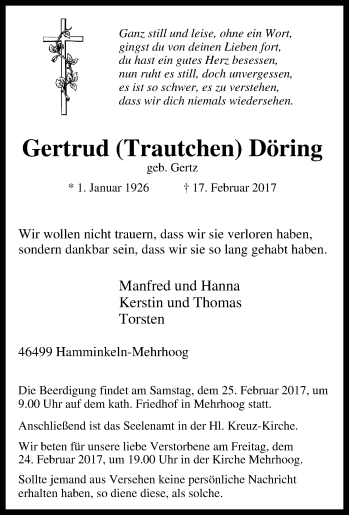 Traueranzeige von Gertrud Trautchen Döring von Tageszeitung