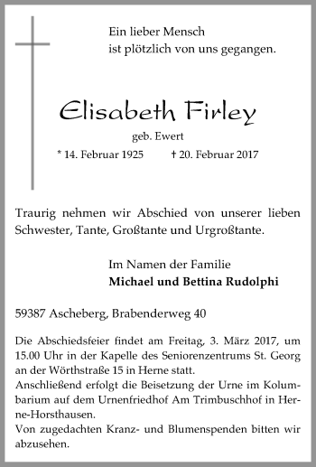 Traueranzeige von Elisabeth Firley von Tageszeitung