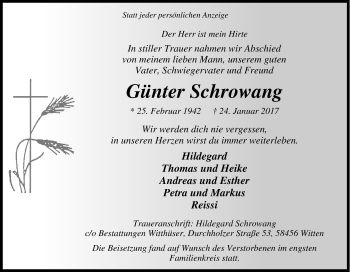 Traueranzeige von Günter Schrowang von Tageszeitung