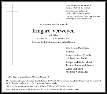 Traueranzeige von Irmgard Verweyen von Tageszeitung