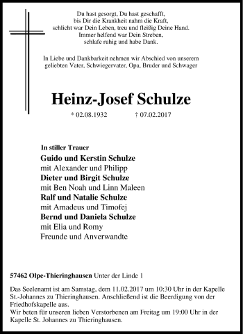 Traueranzeige von Heinz-Josef Schulze von Tageszeitung