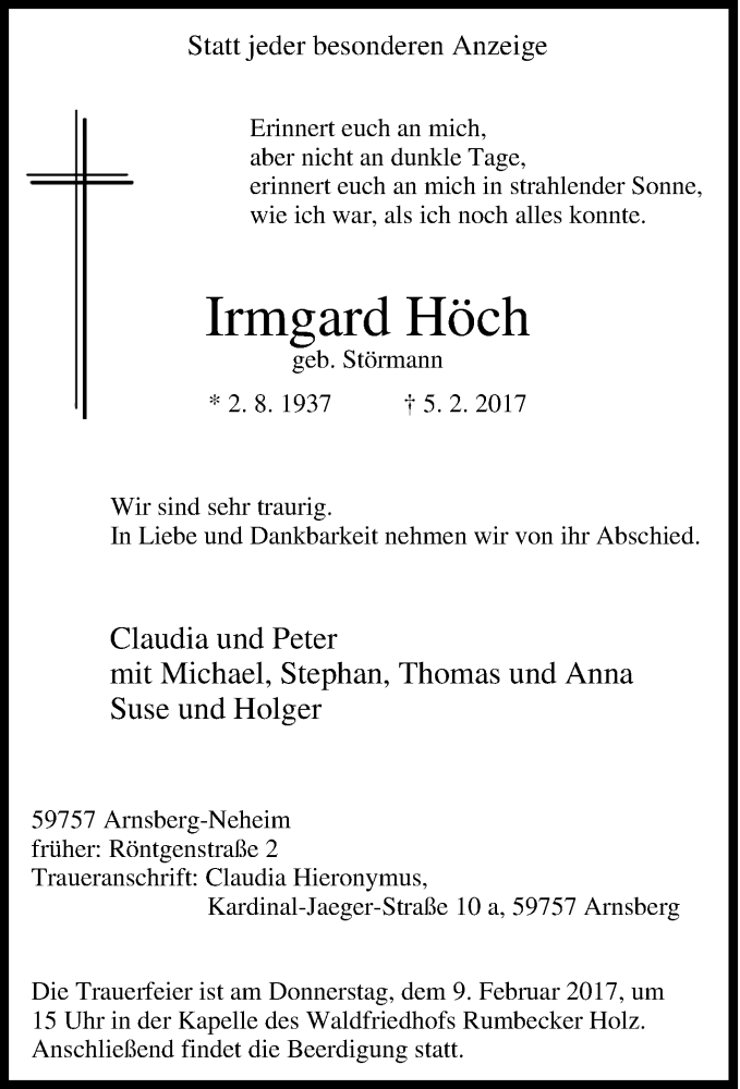  Traueranzeige für Irmgard Höch vom 07.02.2017 aus Tageszeitung