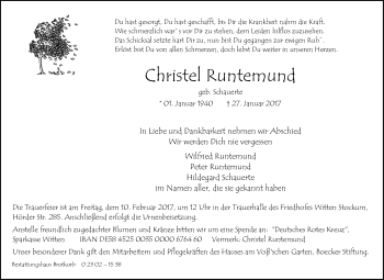 Traueranzeige von Christel Runtemund von Tageszeitung