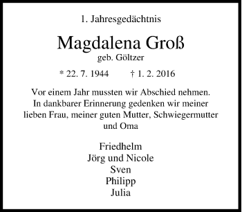 Traueranzeige von Magdalena Groß von Tageszeitung