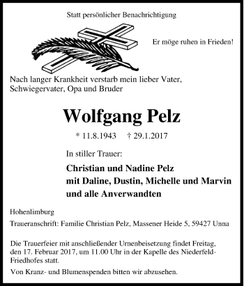 Traueranzeige von Wolfgang Pelz von Tageszeitung
