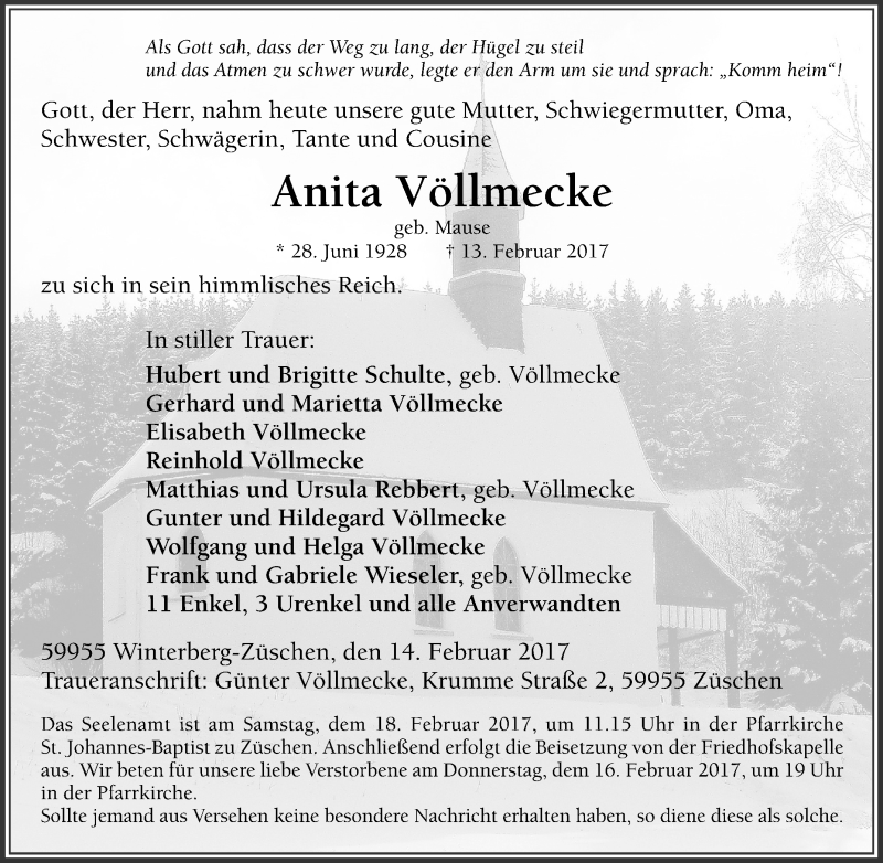  Traueranzeige für Anita Völlmecke vom 15.02.2017 aus Tageszeitung