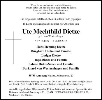 Traueranzeige von Ute Mechthild Dietze von Tageszeitung