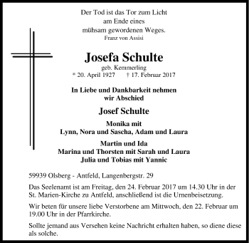 Traueranzeige von Josefa Schulte von Tageszeitung