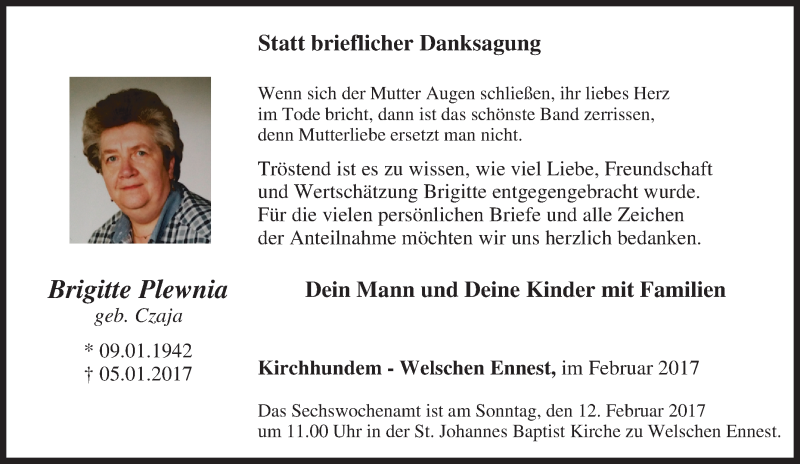  Traueranzeige für Brigitte Plewnia vom 10.02.2017 aus Tageszeitung