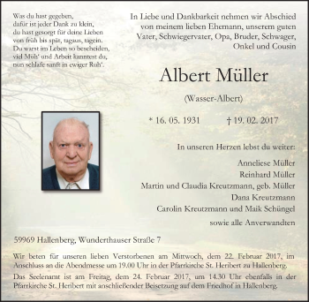 Traueranzeige von Albert Müller von Tageszeitung
