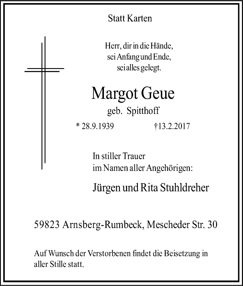  Traueranzeige für Margot Geue vom 15.02.2017 aus Tageszeitung