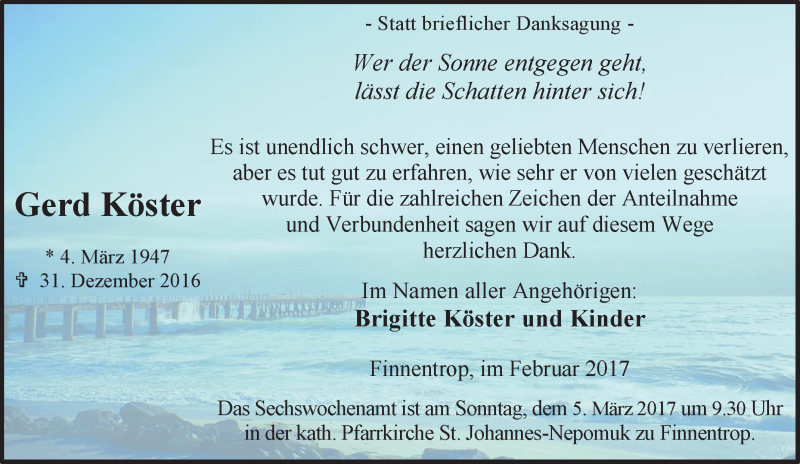  Traueranzeige für Gerd Köster vom 25.02.2017 aus Tageszeitung