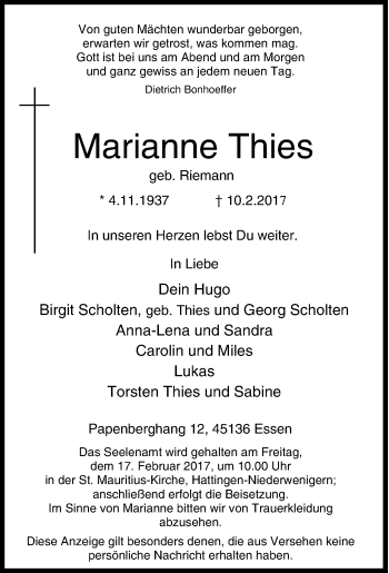 Traueranzeige von Marianne Thies von Tageszeitung